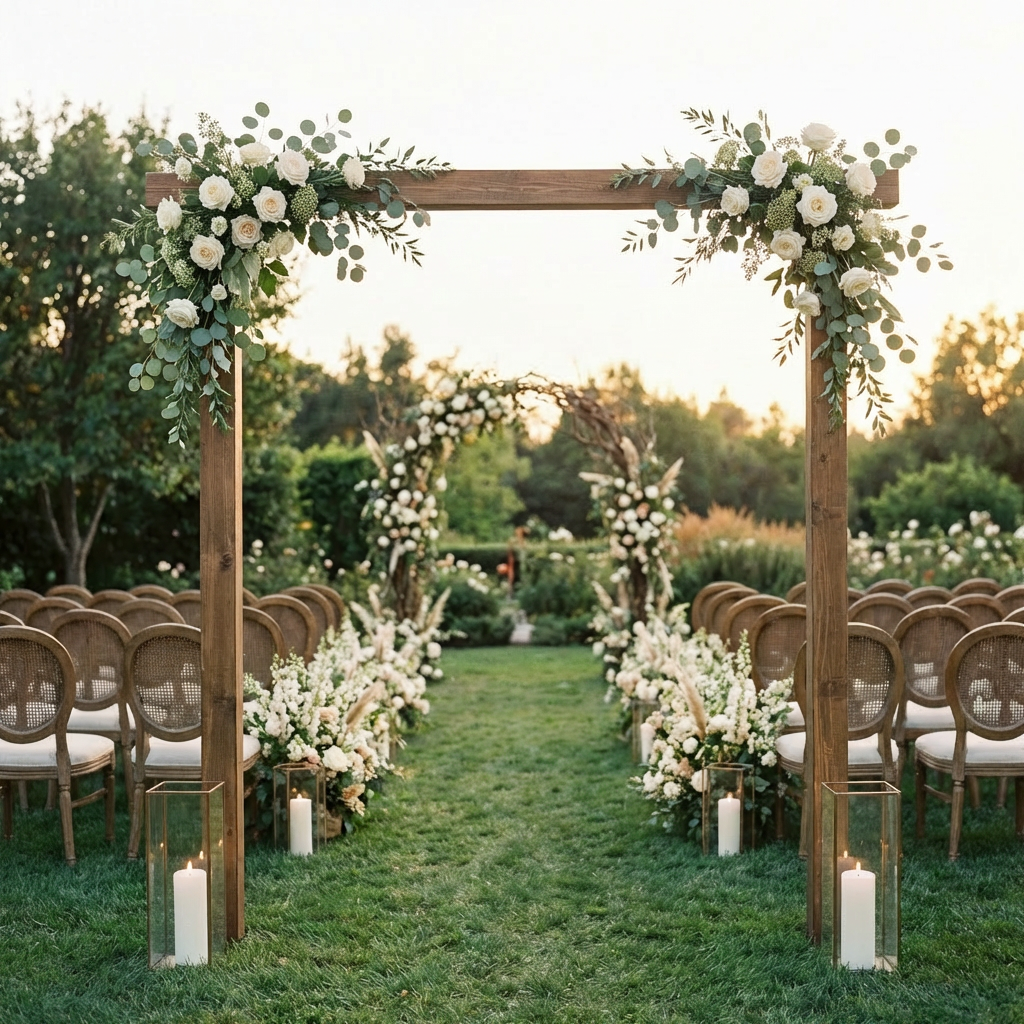 Floral-covered wedding arch with a petal-strewn aisle and lanterns in a lush garden.