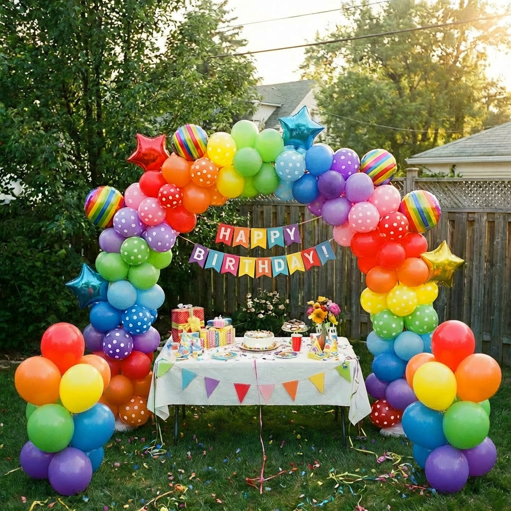 Children celebrating at an outdoor birthday party with a large colorful balloon arch.