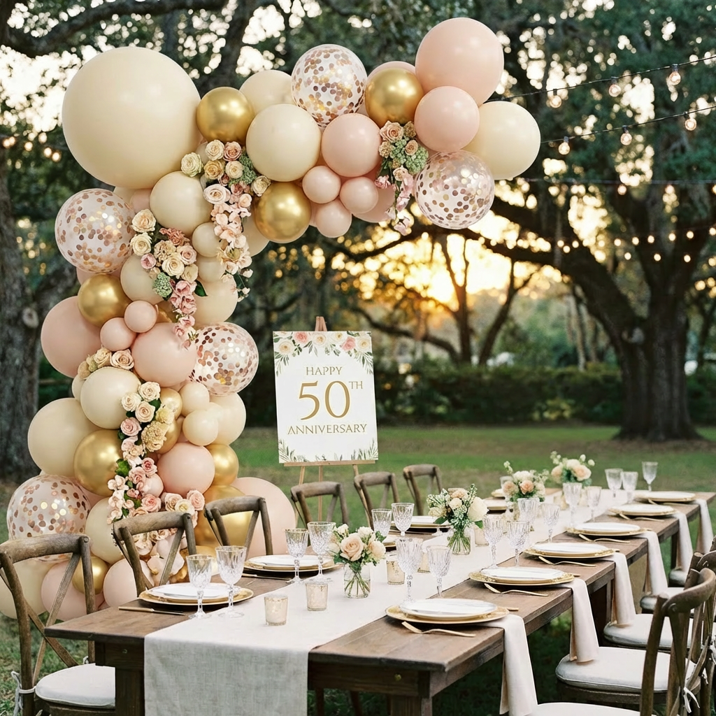 Outdoor dinner table and balloon arch with sign reading HAPPY 50TH ANNIVERSARY.
