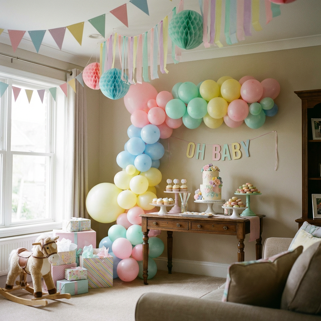 Pastel balloon arch and dessert table with floral cake and OH BABY banner.