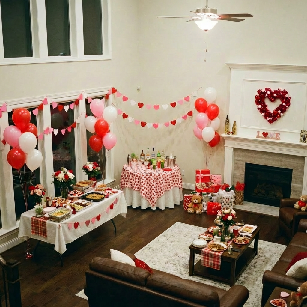 People gathering in a festively decorated room with a large Christmas tree and balloon arch.
