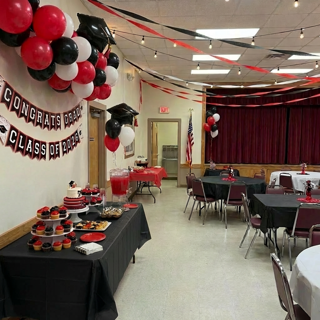 Graduation party scene with a banner reading "CONGRATS GRAD CLASS OF 2024" above desserts.
